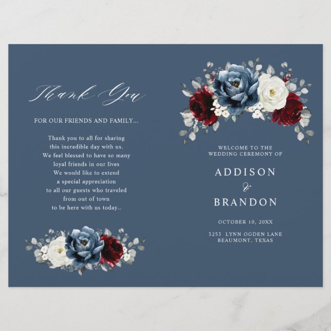 Slate Blue Burgundy White Ivory Blommigt Program (Framsida)