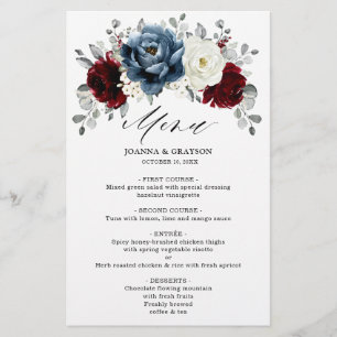 Slate Blue Burgundy White Ivory Boho Bröllop Menu