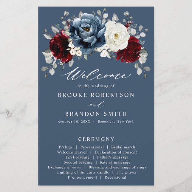 Slate Blue Burgundy White Ivory Bröllopsprogram (Framsida)