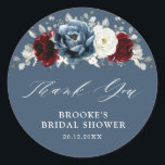 Slate Blue Burgundy White Möhippa Tack Runt Klistermärke<br><div class="desc">Slate,  Burgundy,  White ivory themed blommigt bröllop,  tack för ditt dekal med elegant bukett av burgundi,  skiffer,  dammblått,  elfenben ro och peonblommor och dammig grönt eukalyptus löv. Kontakta mig om du behöver hjälp med anpassning eller om du behöver någon annan produkt</div>