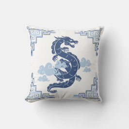 Slate Blue Chinoiserie Dragon and Clouds Kudde