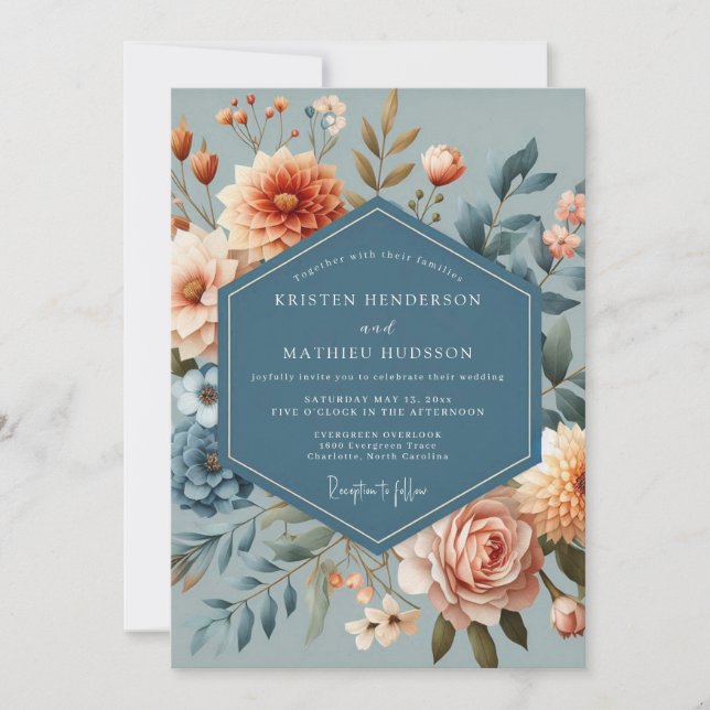 Slate Blue Coral Bloom Wedding Inbjudningar (Framsida)