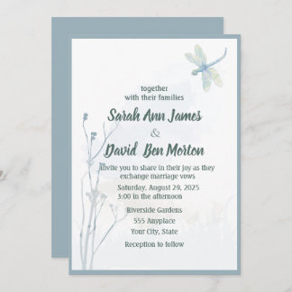 Slate Blue Dragonfly Simple Greenery Bröllop Inbjudningar