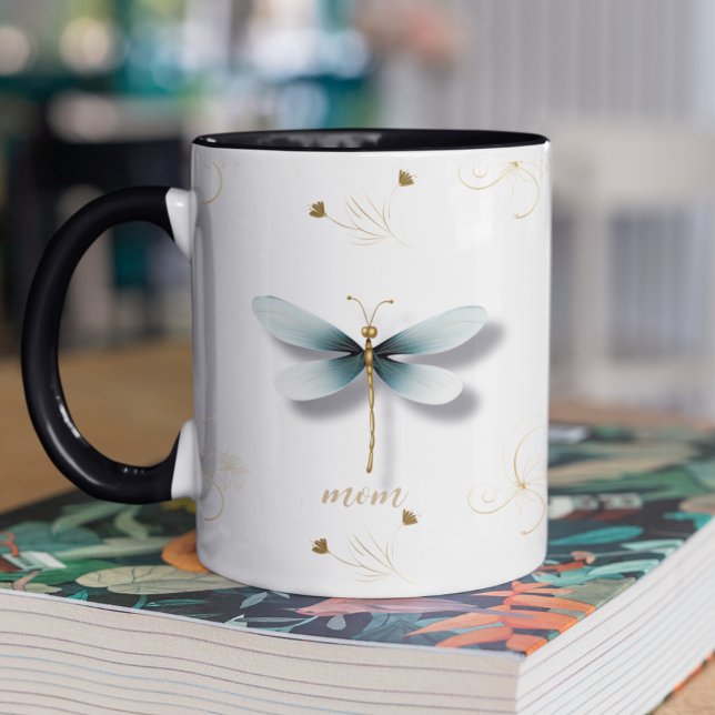 Slate Blue Dragonlies with Wheat Två-Tonad Mugg (Two toned customizable coffee  mug with slate blue dragonfly and wheat colored floral designs. )