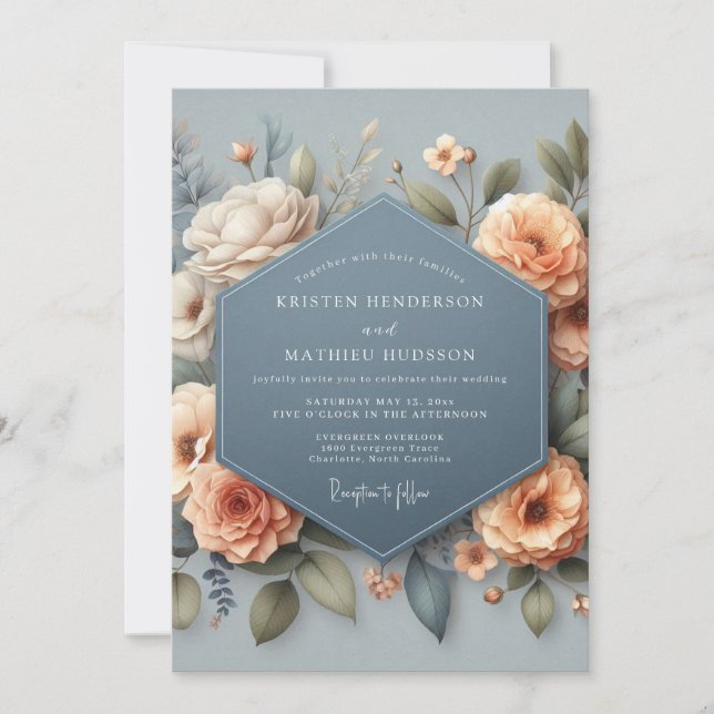 Slate Blue Elegant Bloom Wedding Inbjudningar (Framsida)