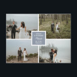 Slate Blue Elegant Photo Collage Merry & Married Vykort<br><div class="desc">Bröllop julkort med plats för fyra av dina bröllop-foton. Merry & Married skriven mot skifferblått med en vacker illustration av en lövskiva. Lägg till egna foton och på baksidan en personlig anteckning.</div>