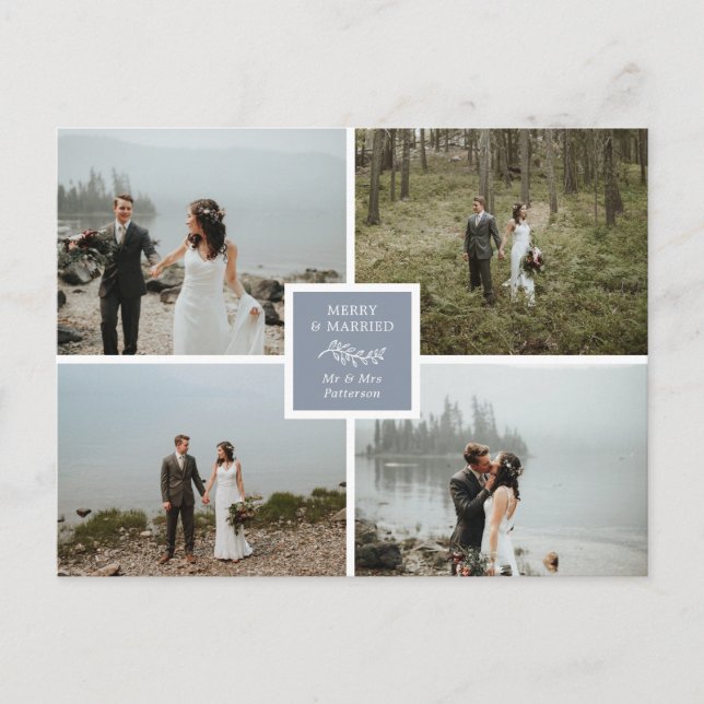 Slate Blue Elegant Photo Collage Merry & Married Vykort (Framsida)