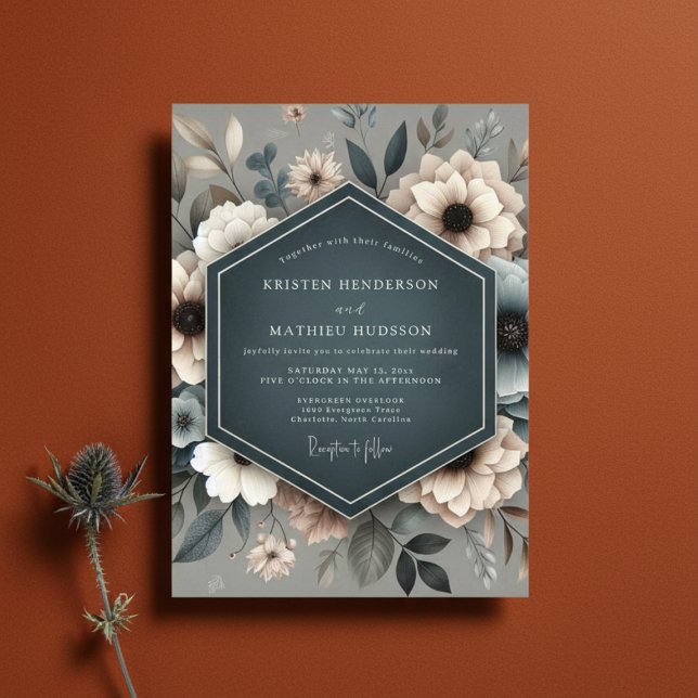 Slate Blue Ethereal Bloom Wedding Inbjudningar (Skapare uppladdad)