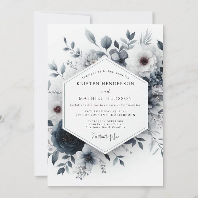 Slate Blue Ethereal Bloom Wedding Inbjudningar (Framsida)