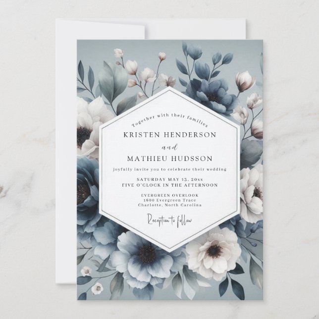 Slate Blue Ethereal Bloom Wedding Inbjudningar (Framsida)