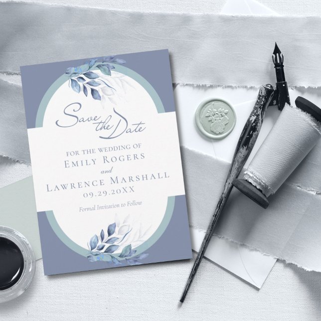 Slate Blue Eucalyptus Bröllop spara datum Card Inbjudningar (Skapare uppladdad)