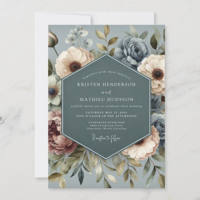 Slate Blue Faded Posy Wedding Inbjudningar (Framsida)