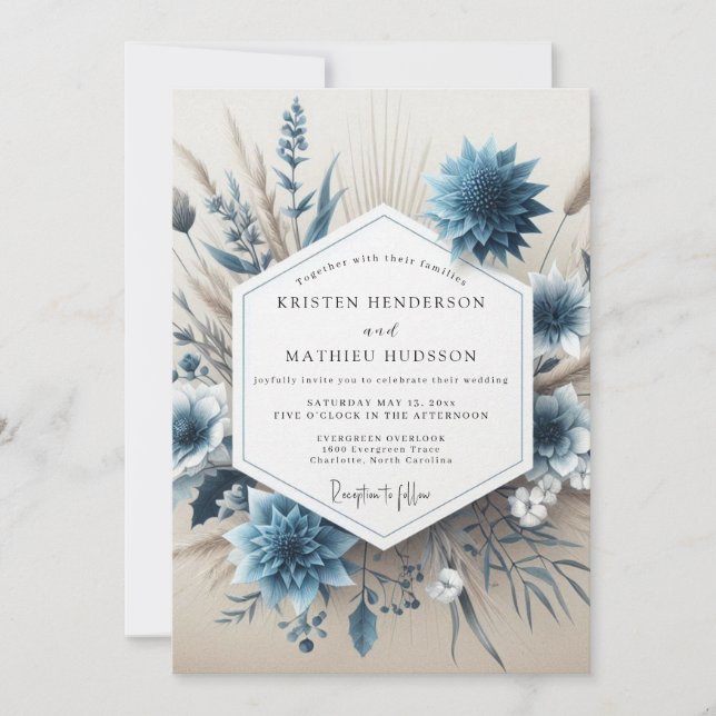 Slate Blue Floral Autumn Wedding Inbjudningar (Framsida)