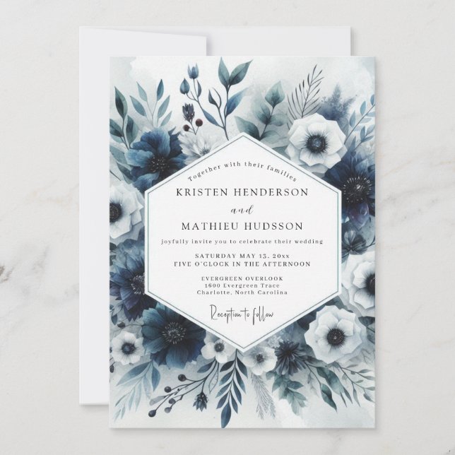 Slate Blue Floral Bloom Wedding Inbjudningar (Framsida)