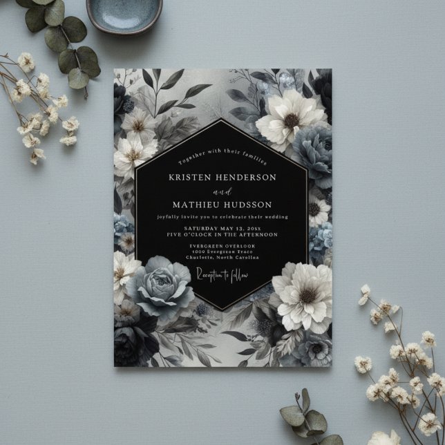 Slate Blue Floral Bloom Wedding Inbjudningar (Skapare uppladdad)