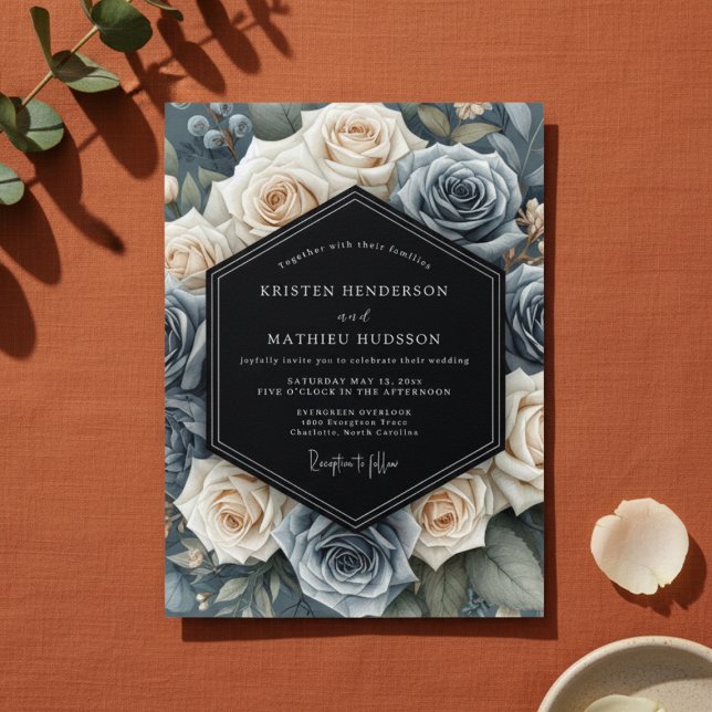 Slate Blue Floral Elegance Wedding Inbjudningar (Skapare uppladdad)
