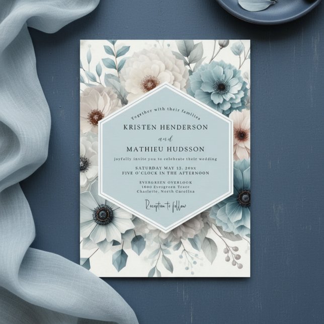 Slate Blue Floral Elegance Wedding Inbjudningar (Skapare uppladdad)