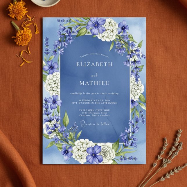 Slate Blue Floral Enchantment Wedding Inbjudningar (Skapare uppladdad)