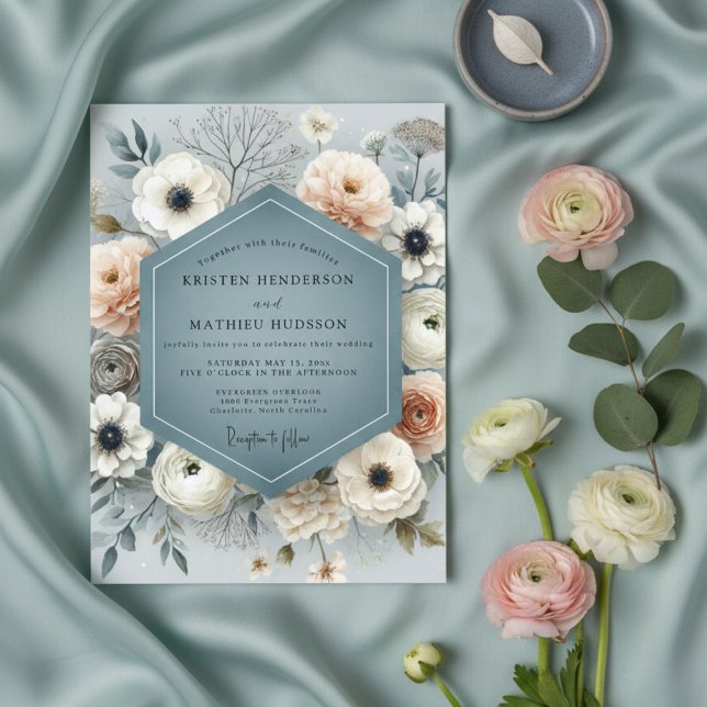 Slate Blue Floral Flourish Wedding Inbjudningar (Skapare uppladdad)