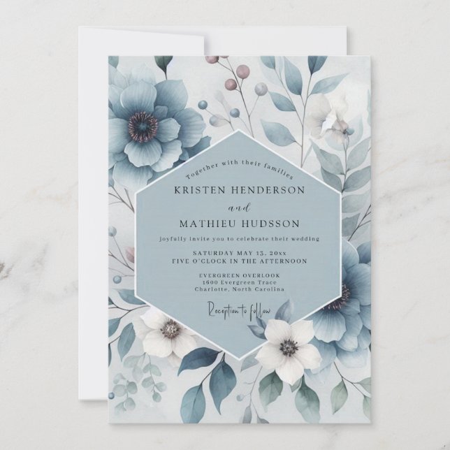 Slate Blue Floral Harmony Wedding Inbjudningar (Framsida)