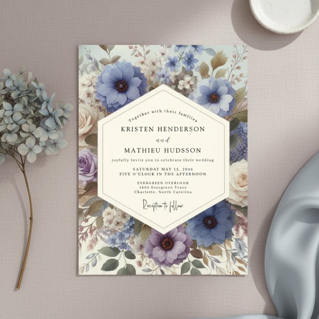 Slate Blue Floral Meadow Wedding Inbjudningar (Skapare uppladdad)
