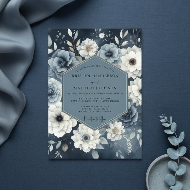 Slate Blue Floral Moody Wedding Inbjudningar (Skapare uppladdad)