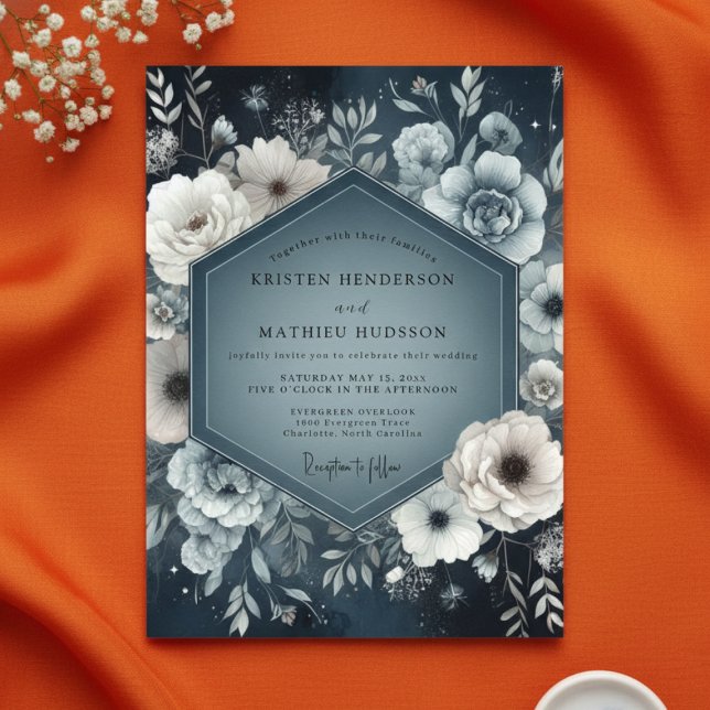 Slate Blue Floral Nightfall Wedding Inbjudningar (Skapare uppladdad)