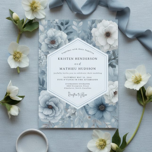 Slate Blue Floral Opulent Wedding Inbjudningar (Skapare uppladdad)