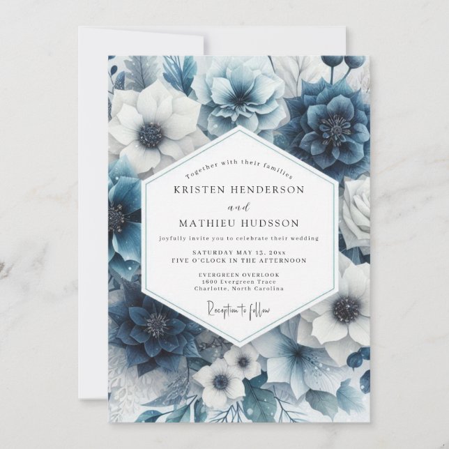Slate Blue Floral Radiance Wedding Inbjudningar (Framsida)