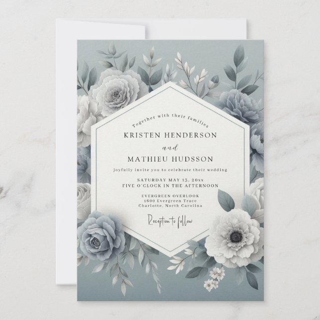 Slate Blue Floral Romantic Wedding Inbjudningar (Framsida)