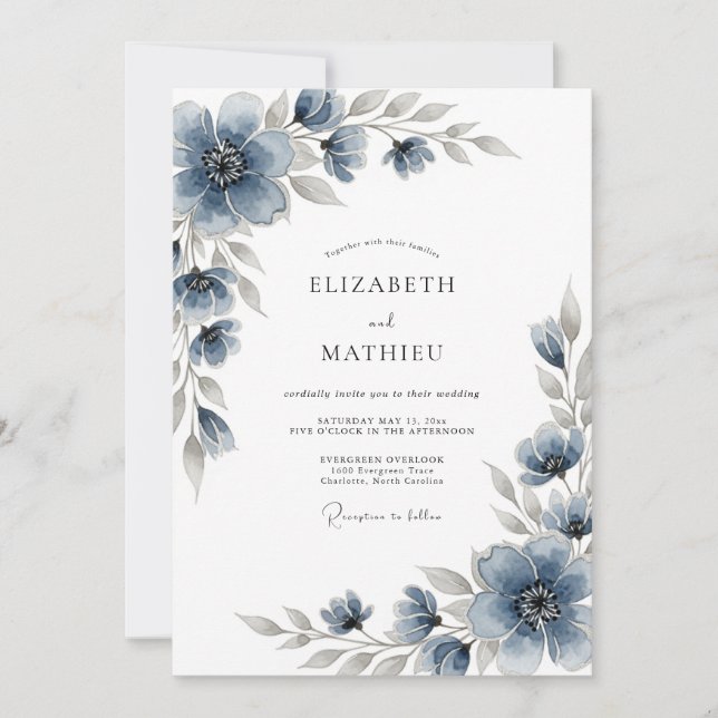Slate Blue Floral Romantic Wedding Inbjudningar (Framsida)