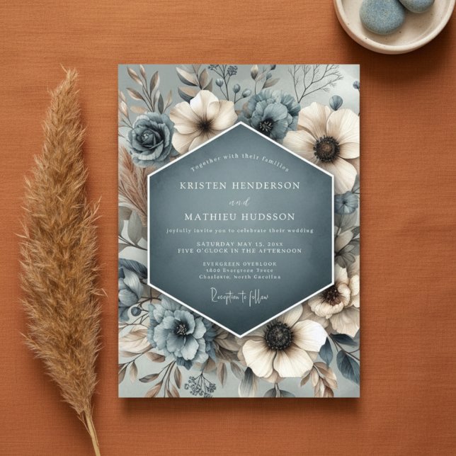 Slate Blue Floral Whimsy Wedding Inbjudningar (Skapare uppladdad)