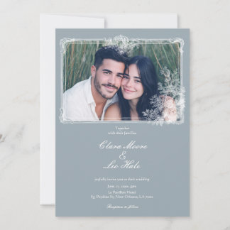 Slate Blue French Country Wedding Photo Invitation Inbjudningar