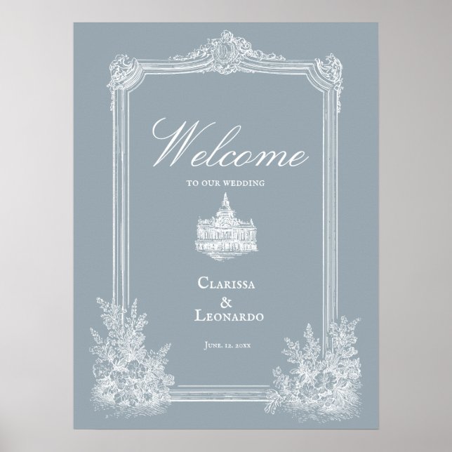 Slate Blue French Country Wedding Welcome Poster (Framsidan)