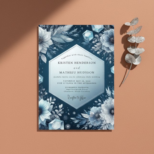 Slate Blue Frost Bloom Wedding Inbjudningar (Skapare uppladdad)