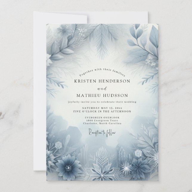 Slate Blue Frosty Bloom Wedding Inbjudningar (Framsida)