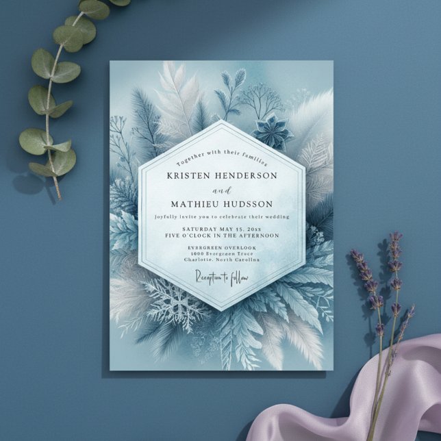 Slate Blue Frosty Botanical Wedding Inbjudningar (Skapare uppladdad)
