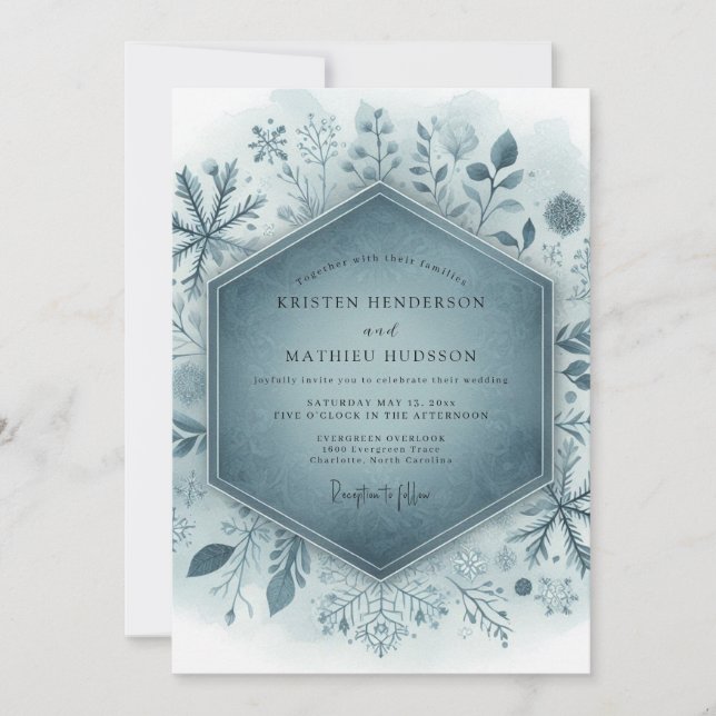 Slate Blue Frosty Floral Wedding Inbjudningar (Framsida)