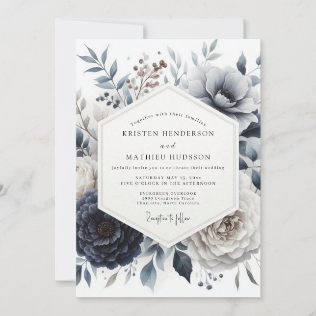 Slate Blue Glacial Bloom Wedding Inbjudningar (Framsida)