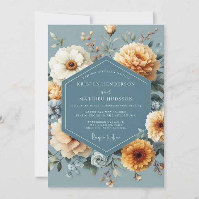 Slate Blue Golden Bloom Wedding Inbjudningar (Framsida)