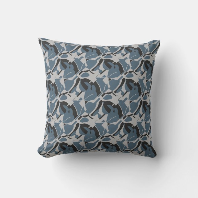 Slate Blue Grått Black Swirling Contemporary Print Kudde (Framsida)