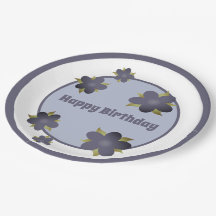 Slate Blue Grått Blommigt Papper Birthday Tallrika