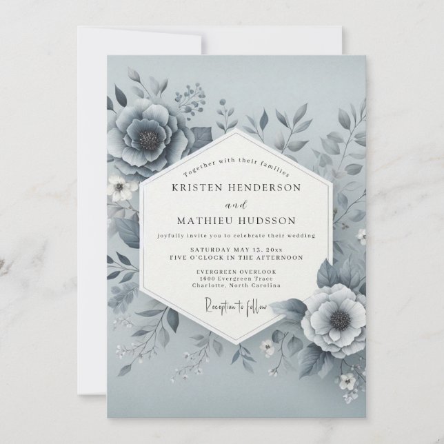 Slate Blue Hazy Bloom Wedding Inbjudningar (Framsida)