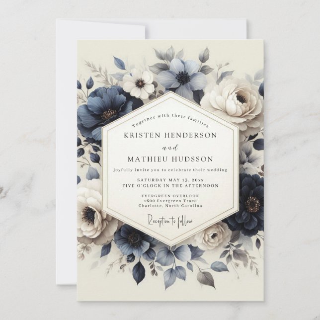 Slate Blue Heirloom Flora Wedding Inbjudningar (Framsida)