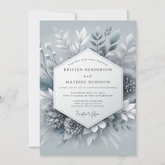 Slate Blue Icy Botanical Wedding Inbjudningar (Framsida)