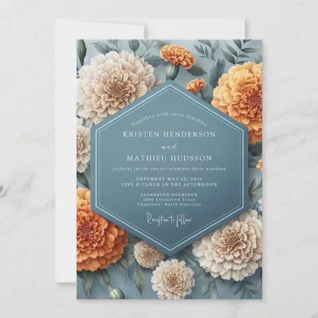 Slate Blue Marigold Bloom Wedding Inbjudningar (Framsida)