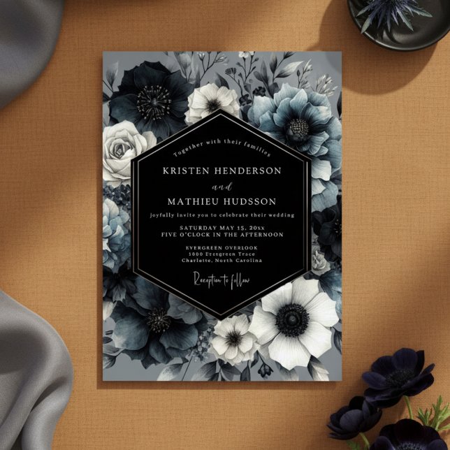 Slate Blue Midnight Bloom Wedding Inbjudningar (Skapare uppladdad)