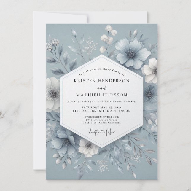 Slate Blue Misty Bloom Wedding Inbjudningar (Framsida)