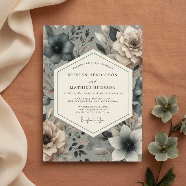 Slate Blue Moody Bloom Wedding Inbjudningar (Skapare uppladdad)