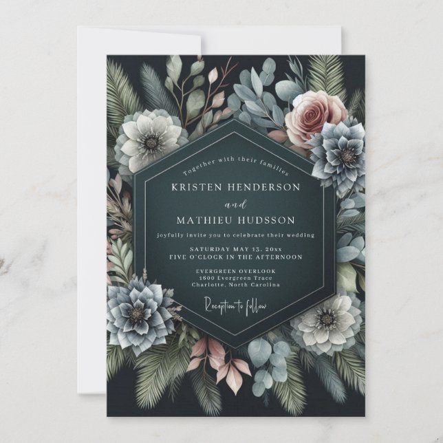 Slate Blue Moody Flora Wedding Inbjudningar (Framsida)
